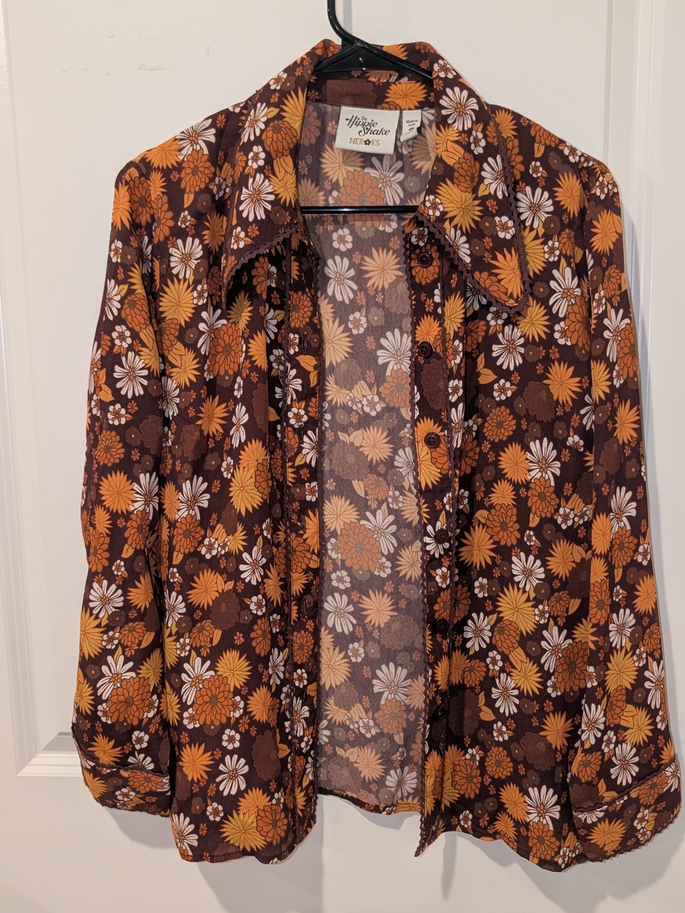 70's The Hippie Shake Vintage Floral Button-Up Shirt - Brown & Orange Daisy
